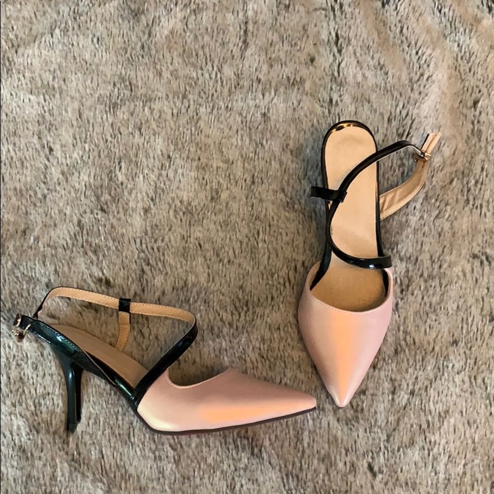 Pink and black sling-back shoes